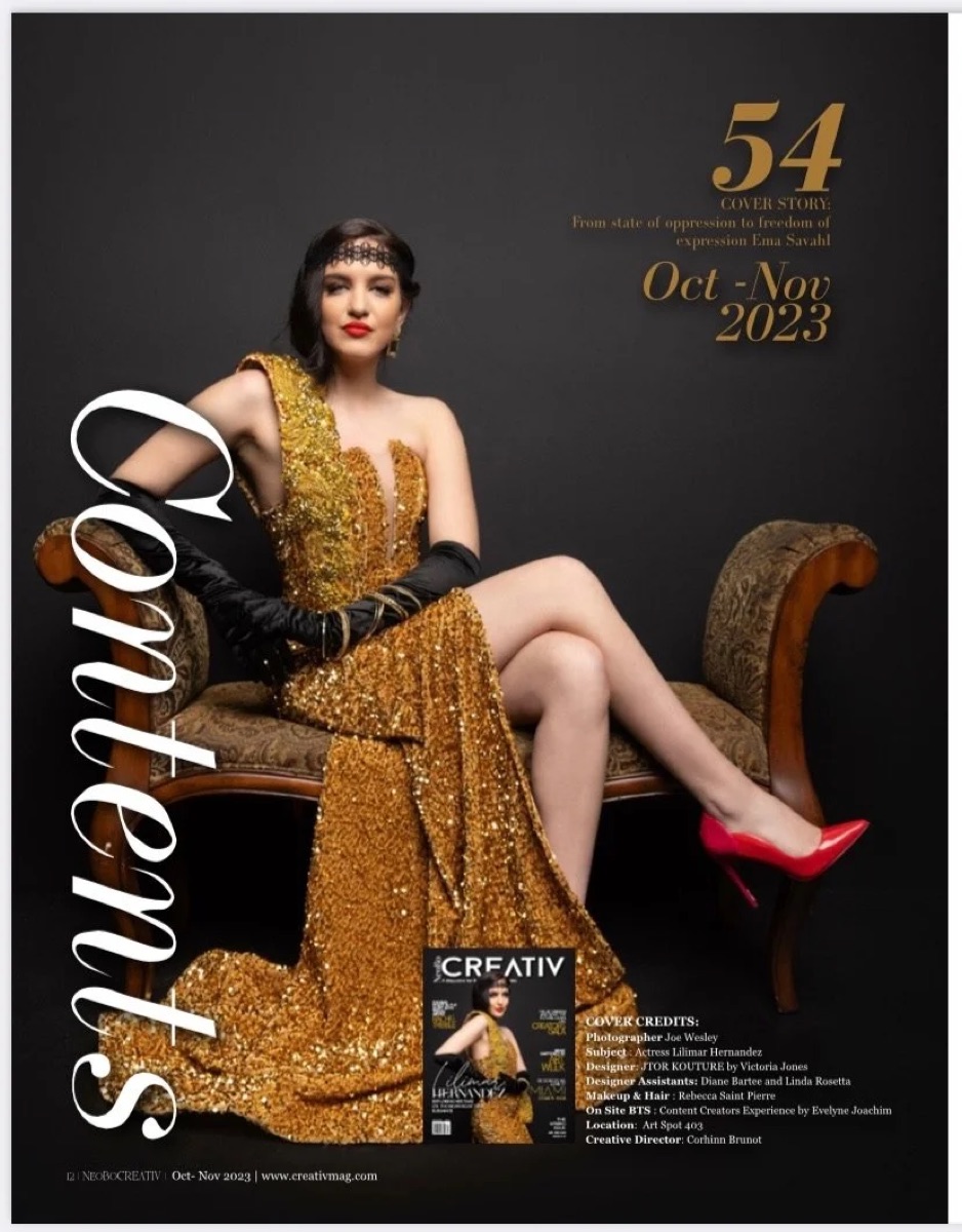 A magazine cover feature in a gold gown